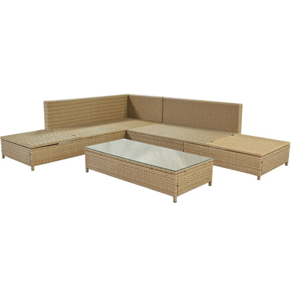 TOPMAX Patio 3-Piece Rattan Sofa Set All Weather PE Wicker Sectional Set with Adjustable Chaise Lounge Frame and Tempered Glass Table, Natural Brown+ Beige Cushion