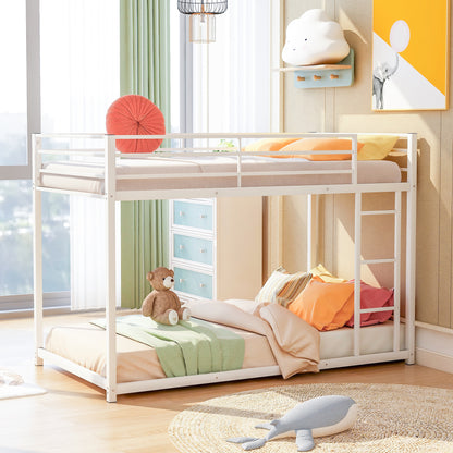 Twin over Twin Metal Bunk Bed, Low Bunk Bed with Ladder,White(OLD SKU:MF197033AAK)