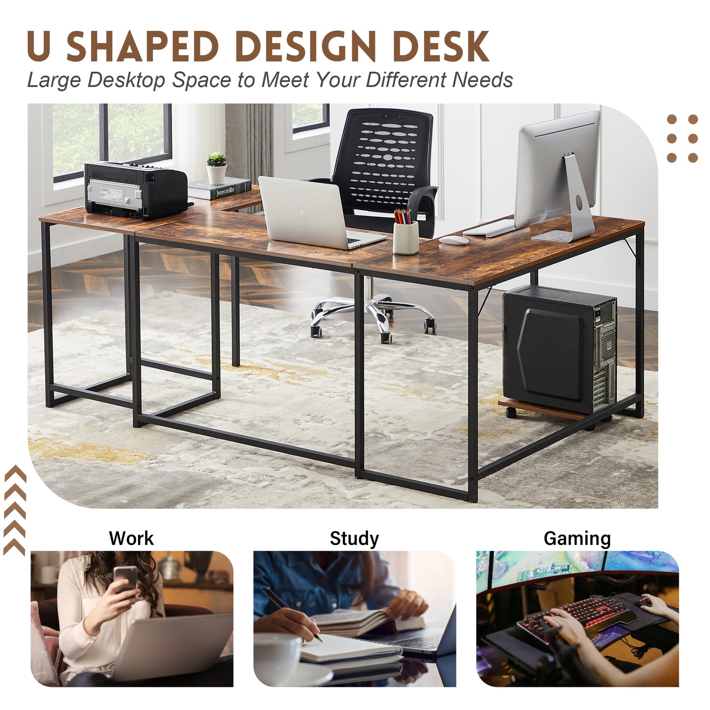 U-shaped Computer Desk, Industrial Corner Writing Desk with CPU Stand, Gaming Table Workstation Desk for Home Office (Brown) (OLD SKU: WF198675AAT)