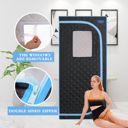 Portable Plus Type Full Size Far Infrared Sauna tent. Spa, Detox ,Therapy and Relaxation at home.Larger Space,Stainless Steel Pipes Connector Easy to Install.FCC Certification--Black(Blue binding)