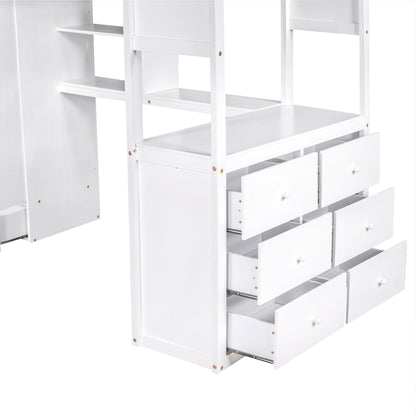 Twin Size Loft Bed with Wardrobe and Drawers, attached Desk with Shelves, White