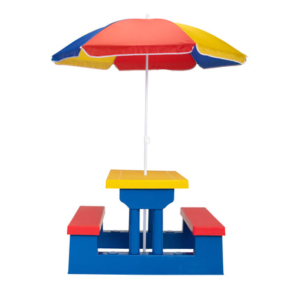 Kids Picnic Table with Removable Umbrella, Indoors and Outdoors Table and Bench Set for Toddlers, Garden Backyard, Red Yellow and Blue