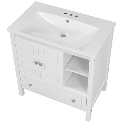 [VIDEO] 30" Bathroom Vanity with Sink, Bathroom Storage Cabinet with Doors and Drawers, Solid Wood Frame, Ceramic Sink, White