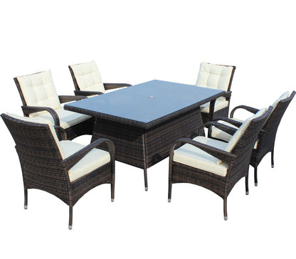 Patio 7-Piece Rectangular Dining Set with 6 Dining Chairs (Brown &Beige Cushion )