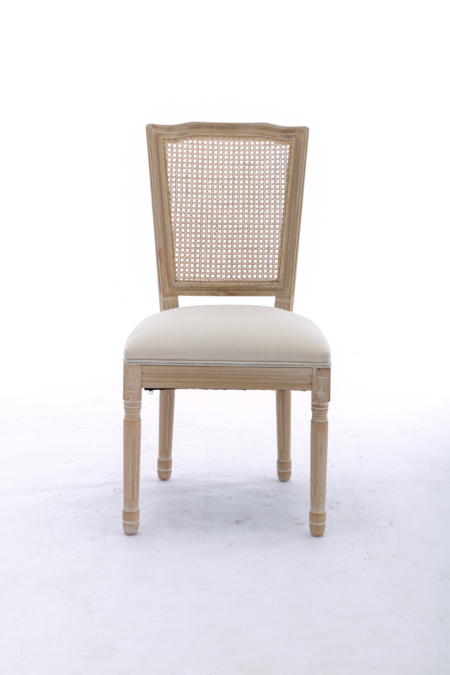 French Style Solid Wood Frame Antique Painting Linen Fabric Square Rattan Back Dining Chair,Set of 2,Cream