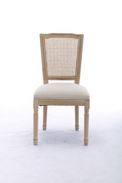 French Style Solid Wood Frame Antique Painting Linen Fabric Square Rattan Back Dining Chair,Set of 2,Cream