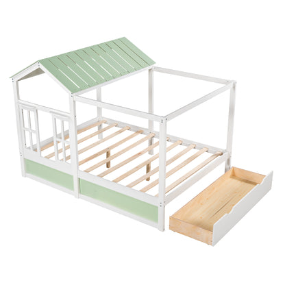 Full Size House Bed with Roof, Window and Drawer - Green + White