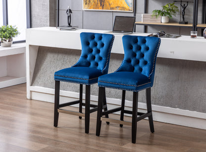 Set of 2 Upholstered Blue Velvet Bar stool with Solid Wood Legs