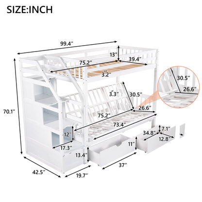 Twin over Full Bunk Bed with Two Drawers and Staircase, Down Bed can be Converted into Daybed,White