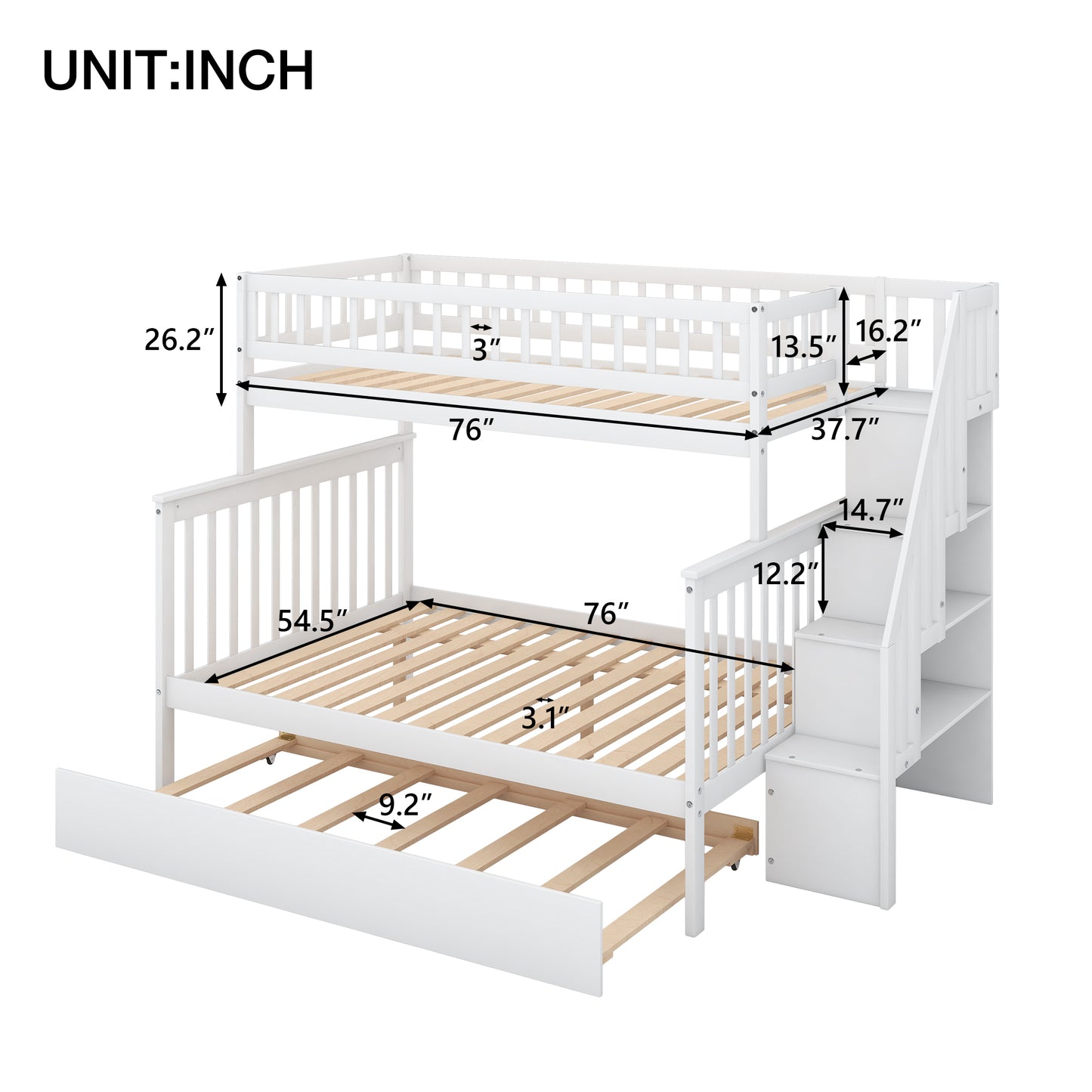 Twin over Full Bunk Bed with Trundle and Staircase,White