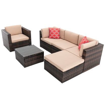 6Pcs Outdoor Garden Patio Furniture  PE Rattan Wicker  Sectional Cushioned Sofa Sets with 2 Pillows and Coffee Table