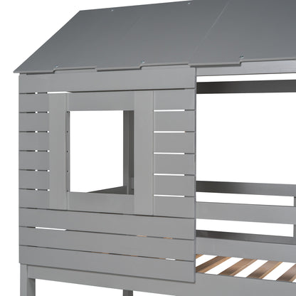 Twin Over Twin Bunk Bed Wood Loft Bed with Roof, Window, Guardrail, Ladder (Gray) (OLD SKU :LP000062AAE)