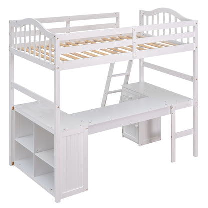 Twin size Loft Bed with Drawers, Cabinet, Shelves and Desk, Wooden Loft Bed with Desk - White(OLD SKU :LT000505AAK)