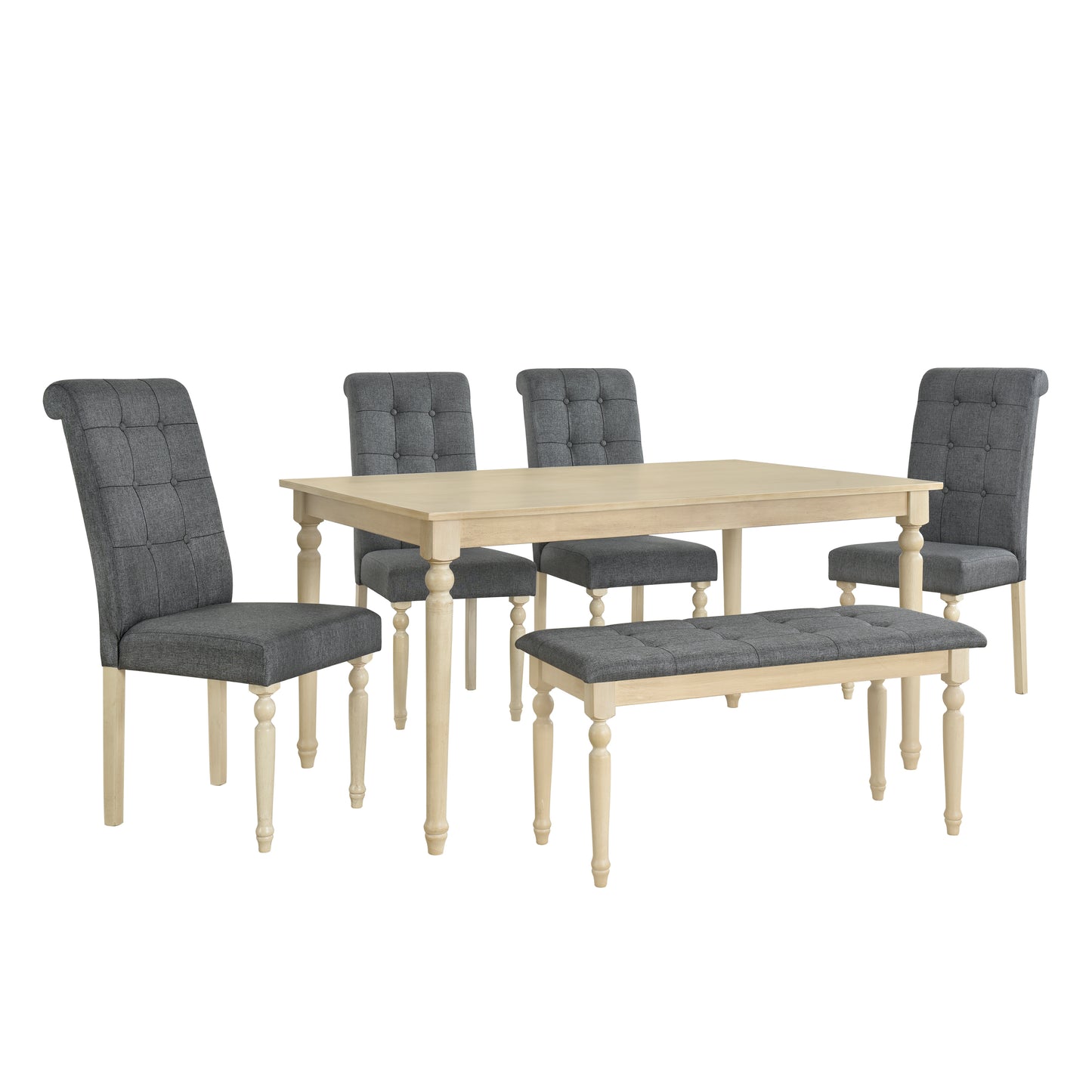 TOPMAX 6 Piece Dining Table set with Tufted Bench,Wooden Kitchen Table Set w/ 4 Upholstered Dining Chairs,Gray