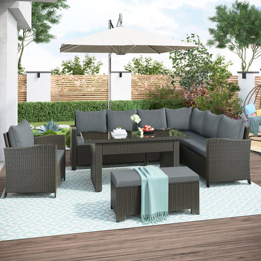 U_STYLE Patio Furniture Set, 6 Piece Outdoor Conversation Set, Dining Table Chair with Bench and Cushions