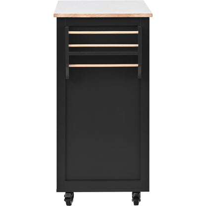 K&K Store Kitchen Cart with Rubber Wood Countertop , Kitchen Island has 8 Handle-Free Drawers Including a Flatware Organizer and 5 Wheels for Kitchen Dinning Room, Black