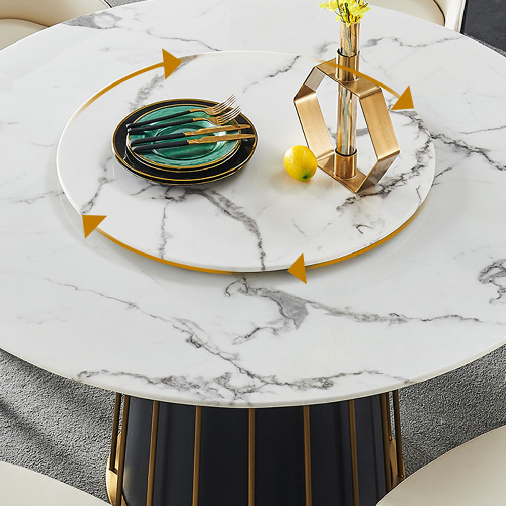 Modern White Round Marble Tabletop Dining Table with Lazy Susan, Black and Gold Leg, Dining Room Table, 59"