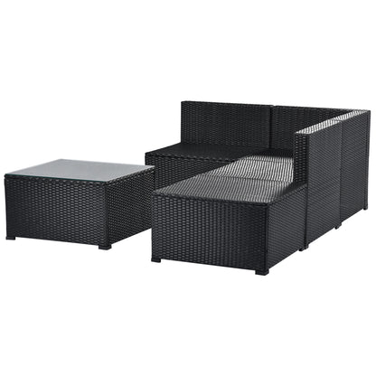 GO 5-Piece Patio Rattan PE Wicker Furniture Corner Sofa Set, with 2 Sofa chairs, 1 Corner chair, 1 ottoman and 1 glass coffee table, Sectional Sofa Chair, Seating,