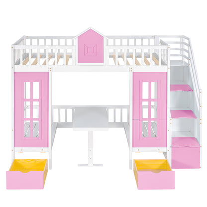 Twin-Over-Twin Bunk Bed with Changeable Table , Bunk Bed  Turn into Upper Bed and Down Desk with 2 Drawers - Pink