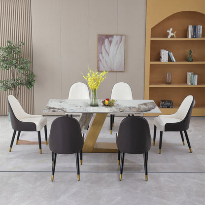 71" Contemporary Dining Table Sintered Stone Z shape Pedestal Base in Gold finish with 6 pcs Chairs .