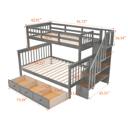 Stairway Twin-Over-Full Bunk Bed with Drawer, Storage and Guard Rail for Bedroom, Dorm, for Adults, Gray color(Old SKU: LP000219AAE)