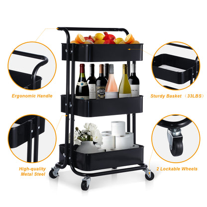 3-Tier Metal Rolling Utility Cart, Heavy Duty Craft Cart with Wheels and Handle, Black