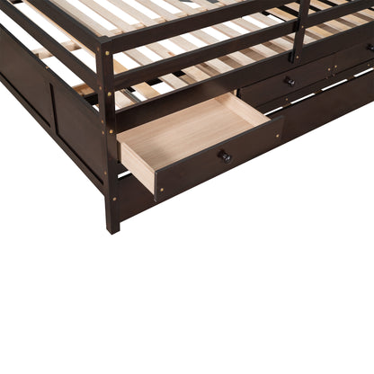 Low Loft Bed Full Size with Full Safety Fence, Climbing ladder, Storage Drawers and Trundle Espresso Solid Wood Bed