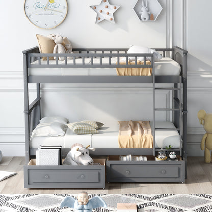 Twin over Twin Bunk Bed with Drawers, Convertible Beds, Gray