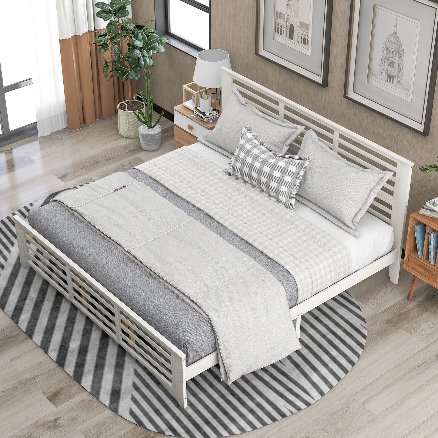 Platform bed with horizontal strip hollow shape, King size, white （New）