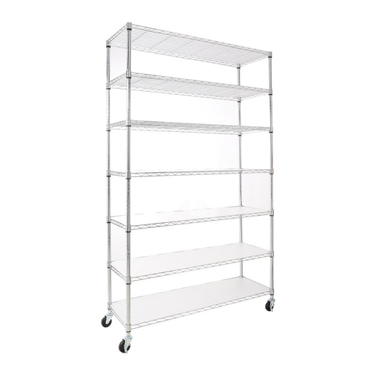 7 Tier Wire Shelving Unit, 2450 LBS NSF Height Adjustable Metal Garage Storage Shelves with Wheels, Heavy Duty Storage Wire Rack Metal Shelves - Chrome