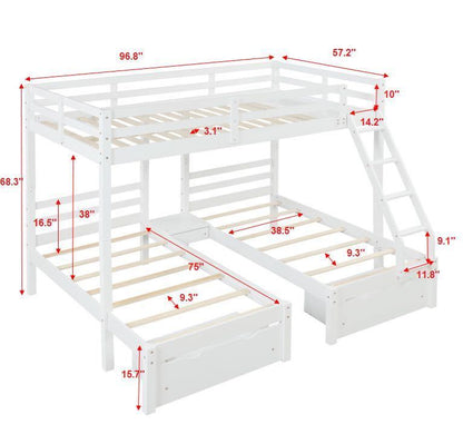 Solid Wood Full over  Twin & Twin Bunk Bed with 3 Storage Drawers, White (96.8”x79”x68.3”)