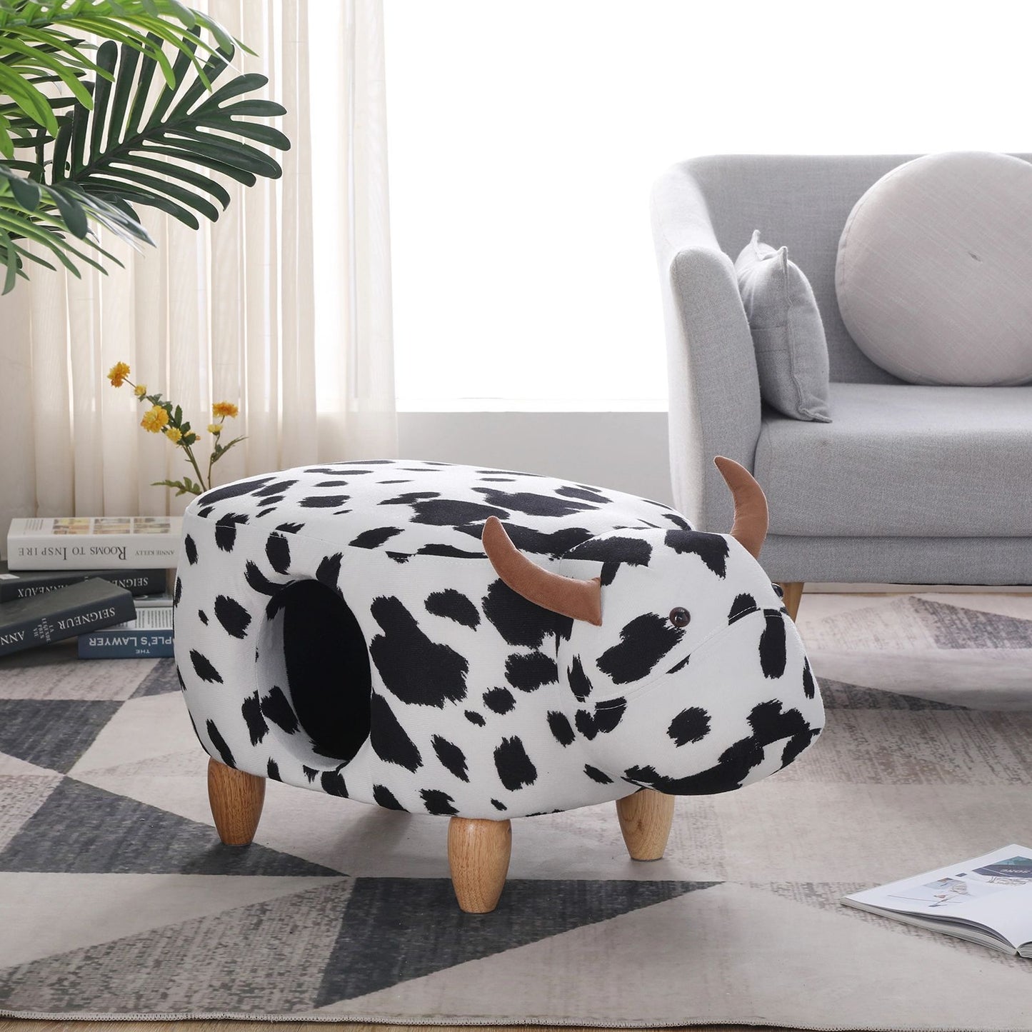 Animal storage stool for kids, ottoman bedroom furniture, cow style kids footstool, cartoon chair with solid wood legs, decorative footstool for office, bedroom, playroom, living room