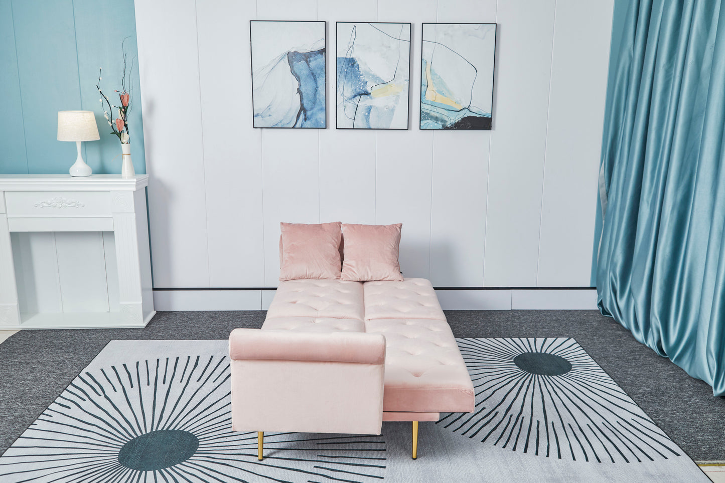 [New+Video]Pink velvet nail head sofa bed with throw pillow and midfoot