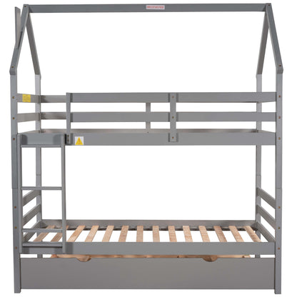 Twin over Twin House Bunk Bed with Trundle and Chimney Design,Gray