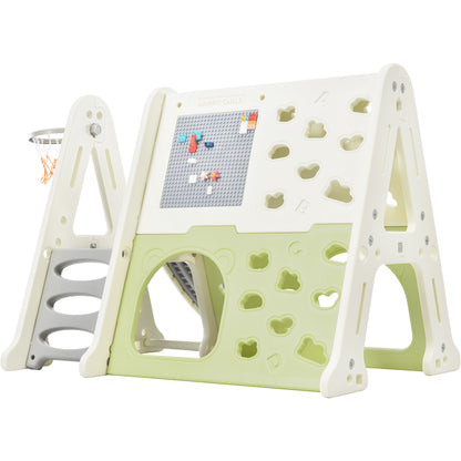 7-in-1 Toddler Climber and Slide Set Kids Playground Climber Slide Playset with Tunnel, Climber, Whiteboard,Toy Building Block Baseplates, Basketball Hoop Combination for Babies