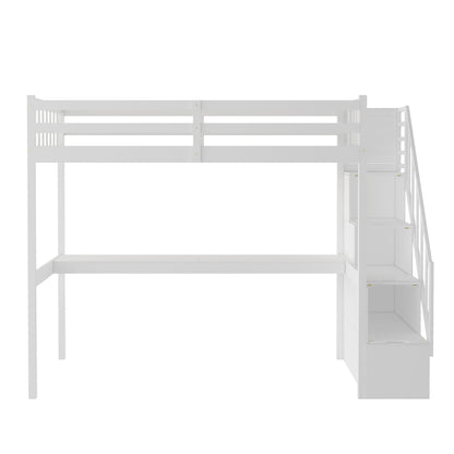 Twin Size Loft Bed with Staircase and Built-in Desk ,White