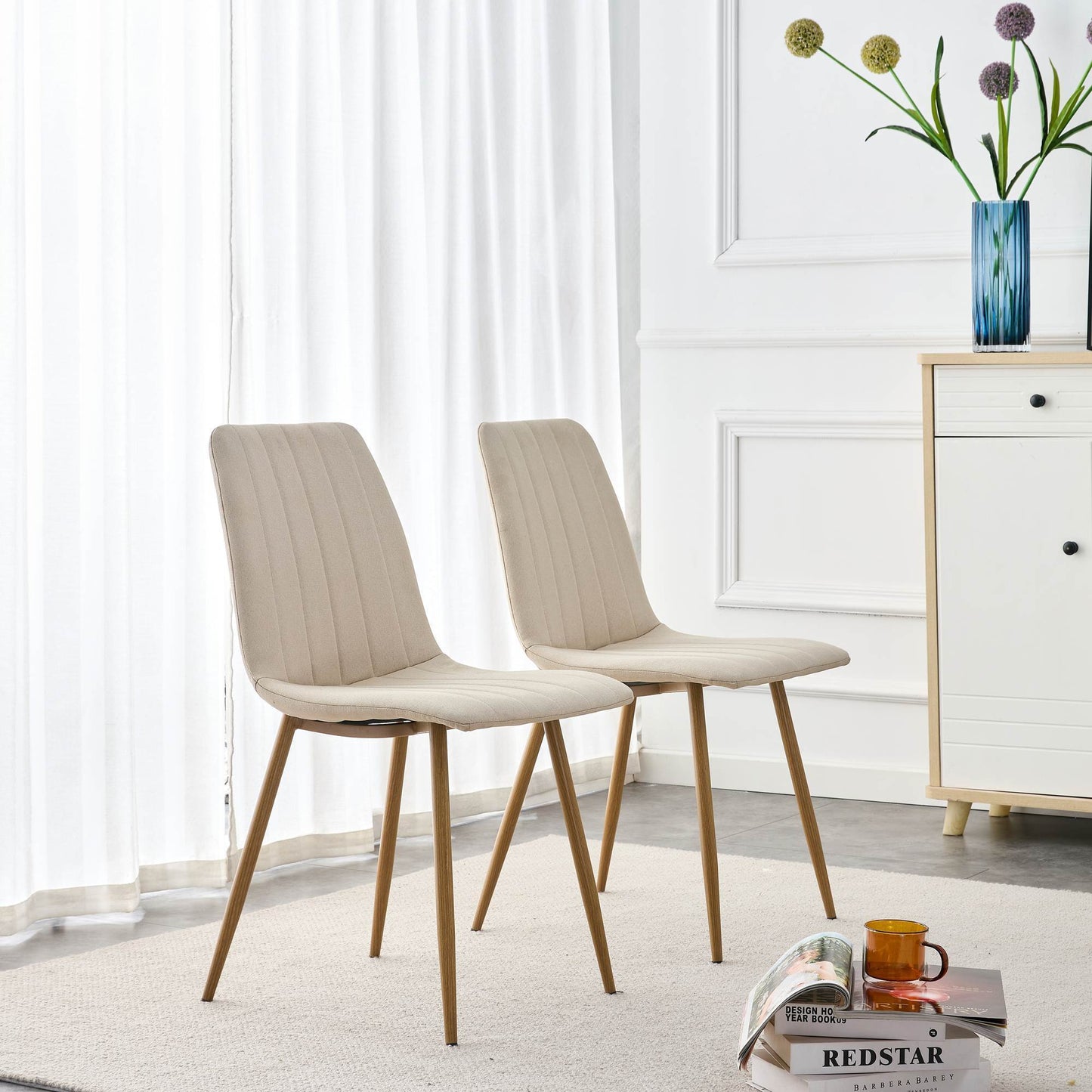 Dining Chairs Set of 4, Modern Style Dining Kitchen Room Upholstered Side Chairs.Accent office Chairs with Soft Linen and Wood Color Metal Legs.For Dining Room Living Room Office.Light Beige