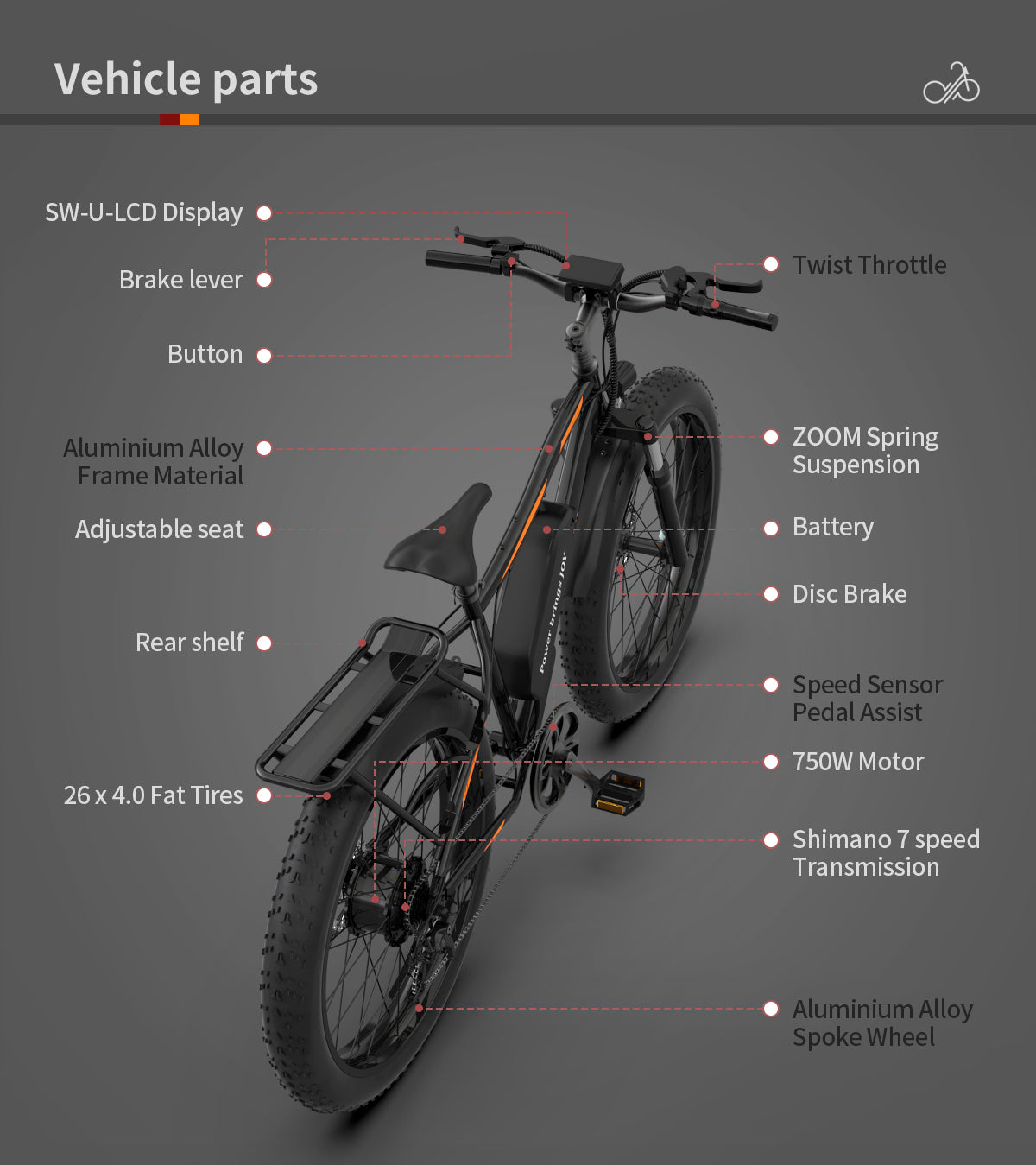 AOSTIRMOTOR S07-B 26" 750W Electric Bike Fat Tire P7 48V 13AH Removable Lithium Battery for Adults with Detachable Rear Rack Fender(Black)