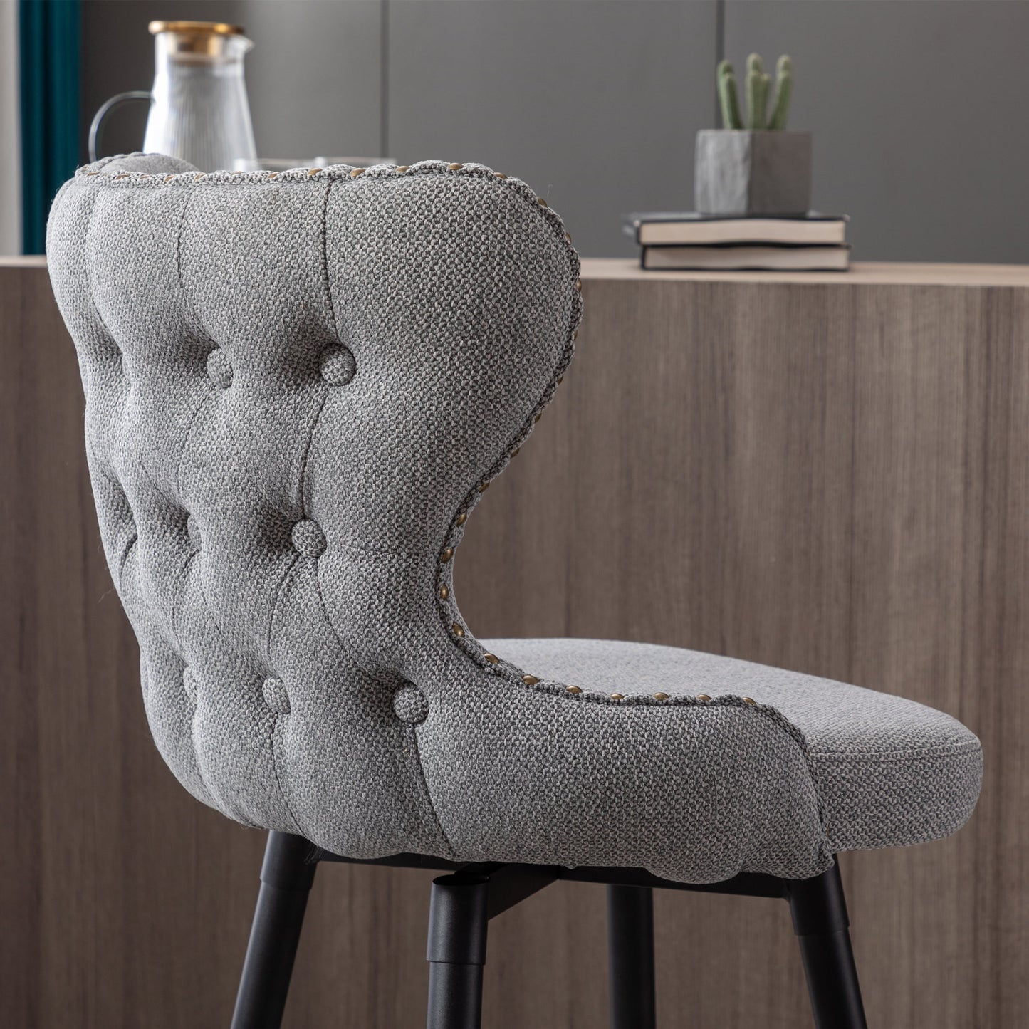 A&A Furniture,Counter Height 25" Modern Linen Fabric Counter Chairs,180° Swivel Bar Stool Chair for Kitchen,Tufted Cupreous Nailhead Trim Burlap Bar Stools with Metal Legs,Set of 2 (Gray)