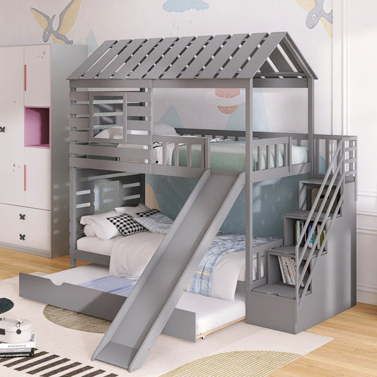 Twin over Twin House Bunk Bed with Trundle and Slide ,Storage Staircase,Roof and Window Design, Gray