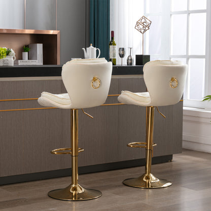 Set of 2  Bar Stools,with Chrome Footrest and Base Swivel Height Adjustable Mechanical Lifting Velvet + Golden Leg Simple Bar Stool-cream