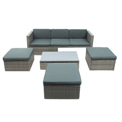 U_STYLE Patio Furniture Sets, 5-Piece Patio Wicker Sofa with Adustable Backrest, Cushions, Ottomans and Lift Top Coffee Table