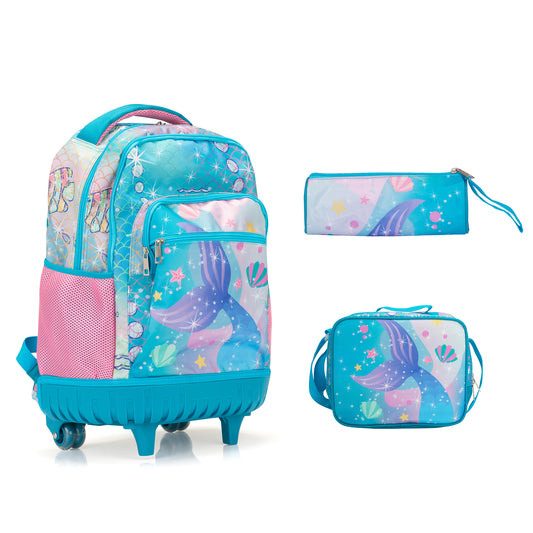 20-Inch 3PCS Kids Rolling Luggage Set, Trolley Backpack with Lunch Bag and Pencil Case for Girls, Suitcase with Mermaid Pattern