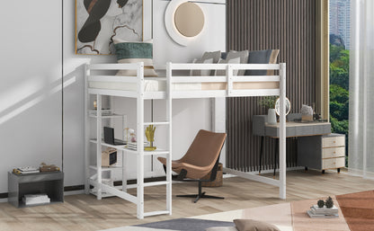 Full Size Loft Bed with Built-in Desk and Shelves,White