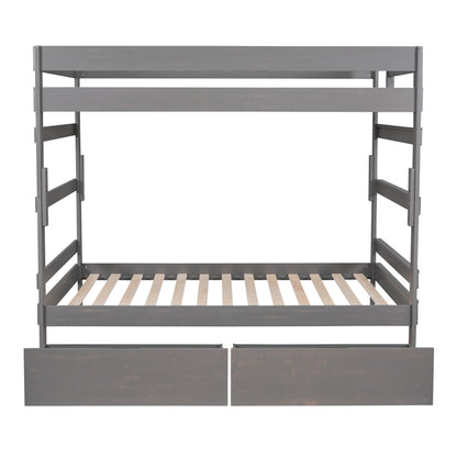 Full over Full Wood Bunk Bed with 2 Drawers, Gray