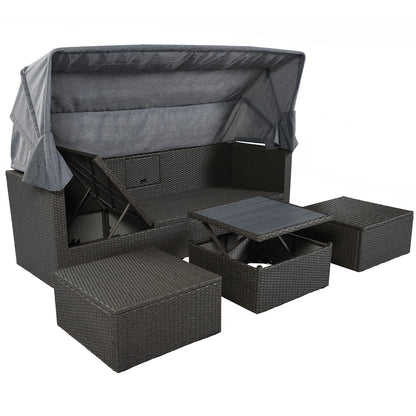 U_Style Outdoor Patio Rectangle Daybed with Retractable Canopy,  Wicker Furniture Sectional Seating with Washable Cushions, Backyard, Porch