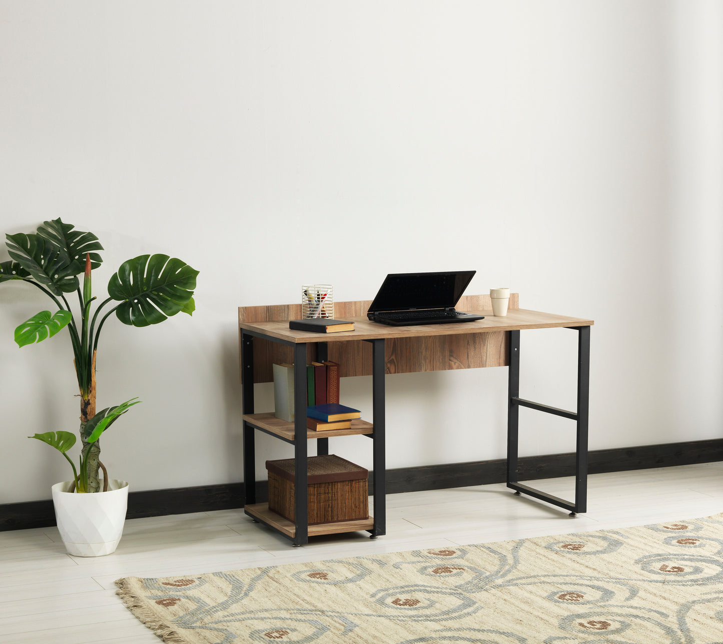 Furnish Home Store Rasse Black Metal Frame 58" Wooden Top 2 Shelves Writing and Computer Desk for Home Office, Oak