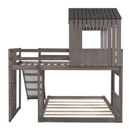 Wooden Twin Over Full Bunk Bed, Loft Bed with Playhouse, Farmhouse, Ladder, Slide and Guardrails, White(OLD SKU :LT000028AAE)