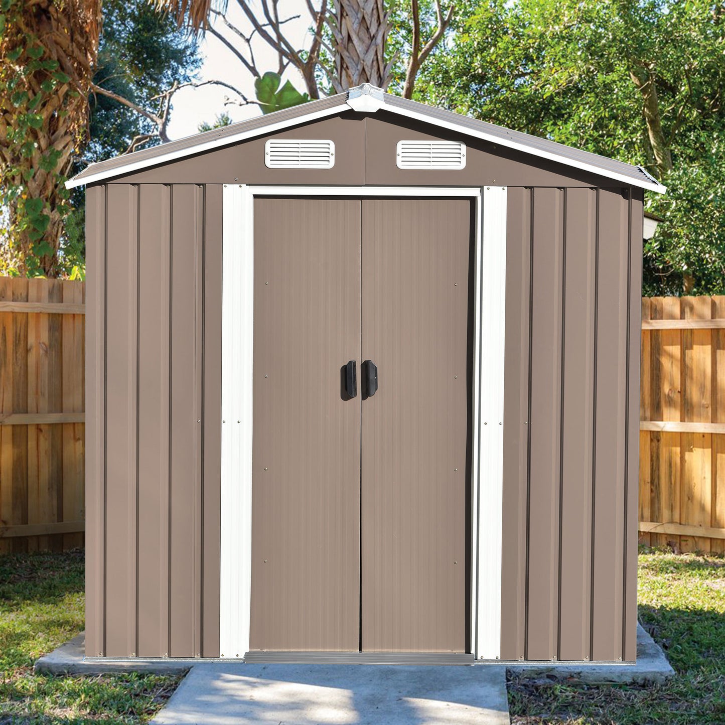 TOPMAX Patio 6ft x4ft Bike Shed Garden Shed, Metal Storage Shed with Lockable Door, Tool Cabinet with Vents and Foundation for Backyard, Lawn, Garden, Brown