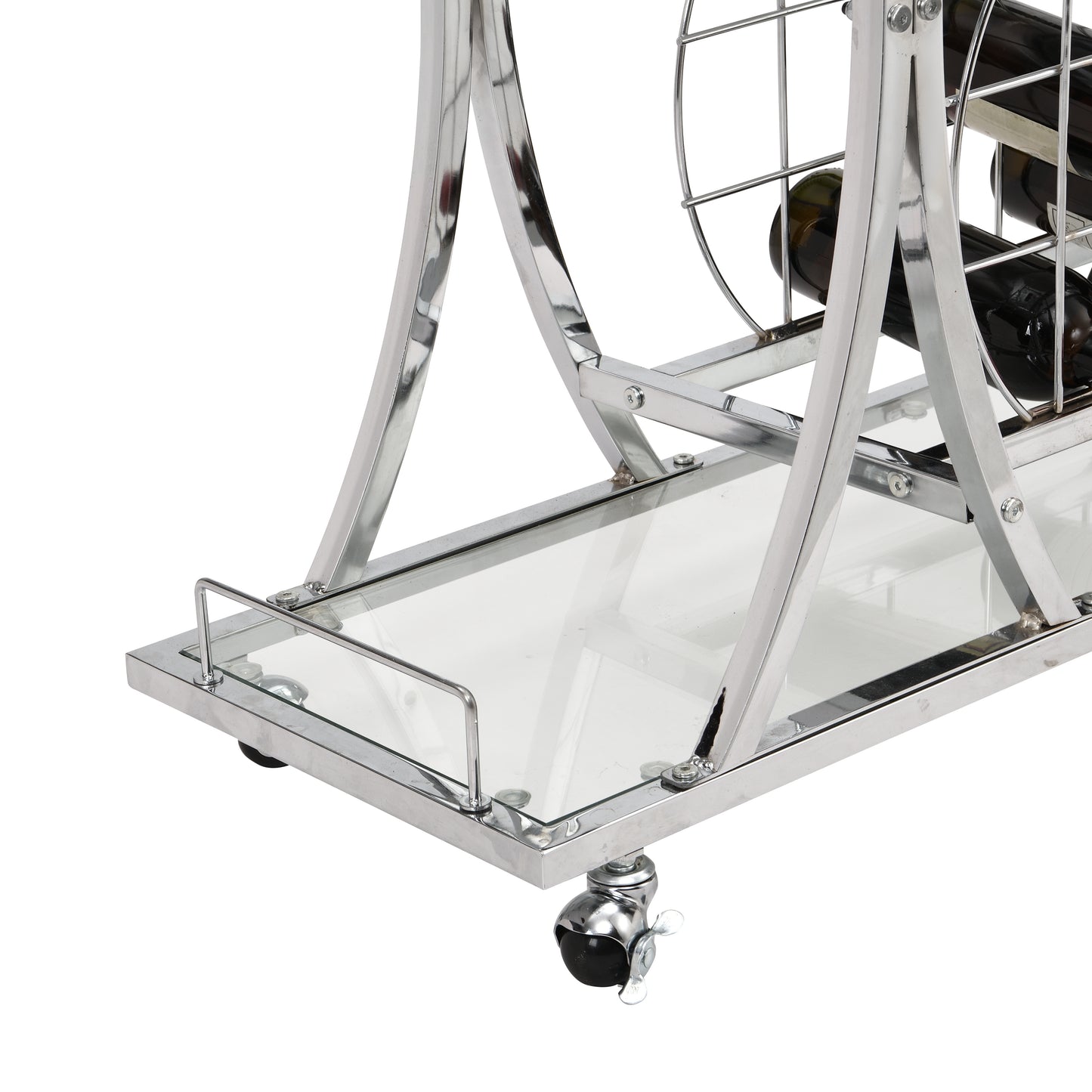 Contemporary Chrome Bar Cart with Wine Rack Silver Modern Glass Metal Frame Wine Storage